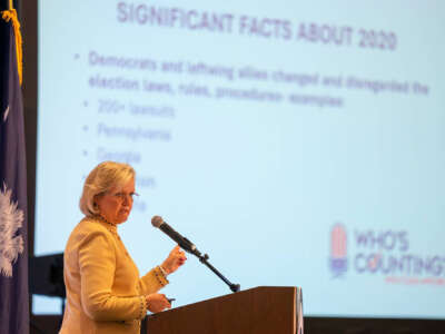 Cleta Mitchell speaks about election integrity at the South Carolina Republican Party's inaugural "First in the South Republican Action Conference" in Myrtle Beach, South Carolina, on August 27, 2022.