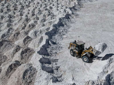 A lithium mining machine moves a salt by-product at a mine in the Atacama Desert, Salar de Atacama, Chile on October 25, 2022.