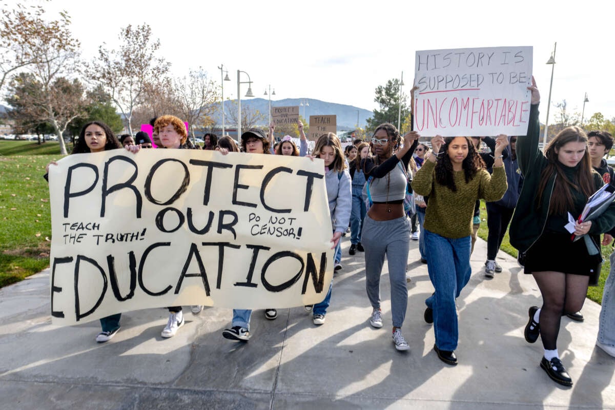 Great Oak High School students leave campus in protest of the district's ban on "critical race theory" curriculum at Patricia H. Birdsall Sports Park in Temecula, California, on December 16, 2022.