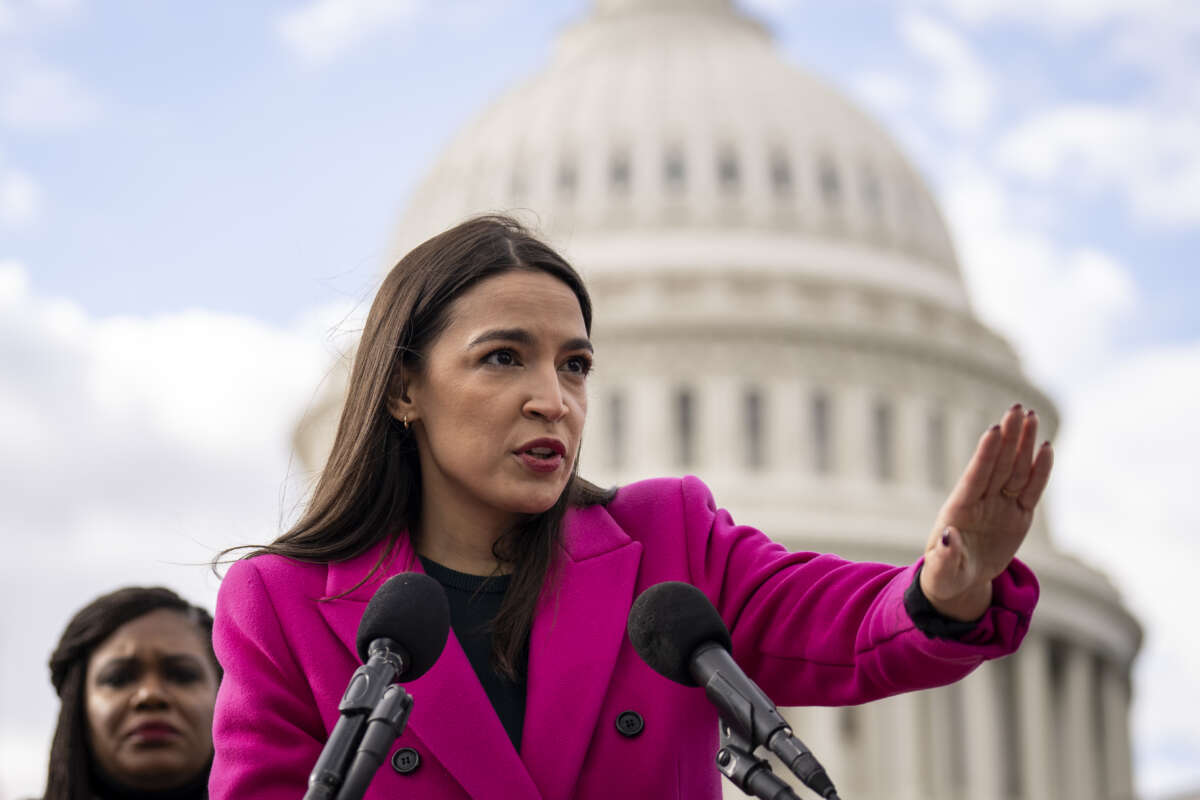 Rep. Alexandria Ocasio-Cortez speaks during a news conference with Democratic lawmakers outside the U.S. Capitol on January 26, 2023 in Washington, D.C.