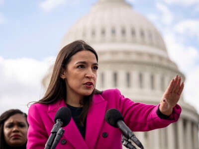 Rep. Alexandria Ocasio-Cortez speaks during a news conference with Democratic lawmakers outside the U.S. Capitol on January 26, 2023 in Washington, D.C.