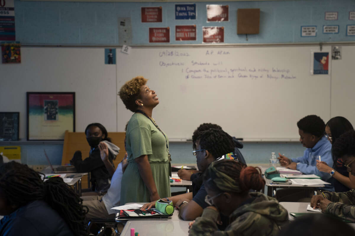 Patrice Frasier teaches Advanced Placement African American Studies, for the first time ever, at Baltimore Polytechnic on September 28, 2022 in Baltimore, Maryland.