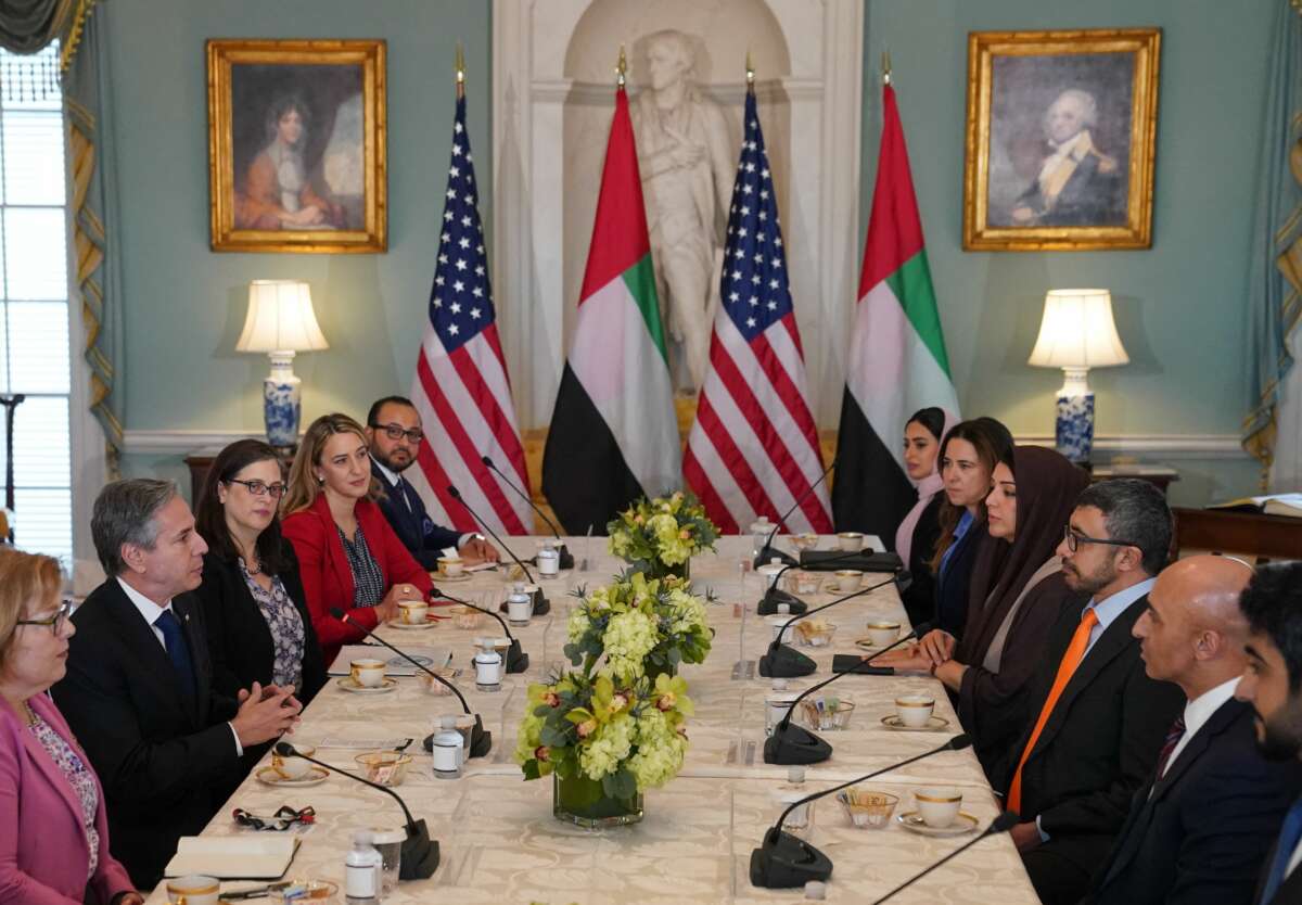 U.S. Secretary of State Antony Blinken meets with his UAE Foreign Minister Sheikh Abdullah bin Zayed in the Thomas Jefferson Room of the State Department in Washington, D.C., on February 14, 2023.