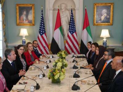 U.S. Secretary of State Antony Blinken meets with his UAE Foreign Minister Sheikh Abdullah bin Zayed in the Thomas Jefferson Room of the State Department in Washington, D.C., on February 14, 2023.