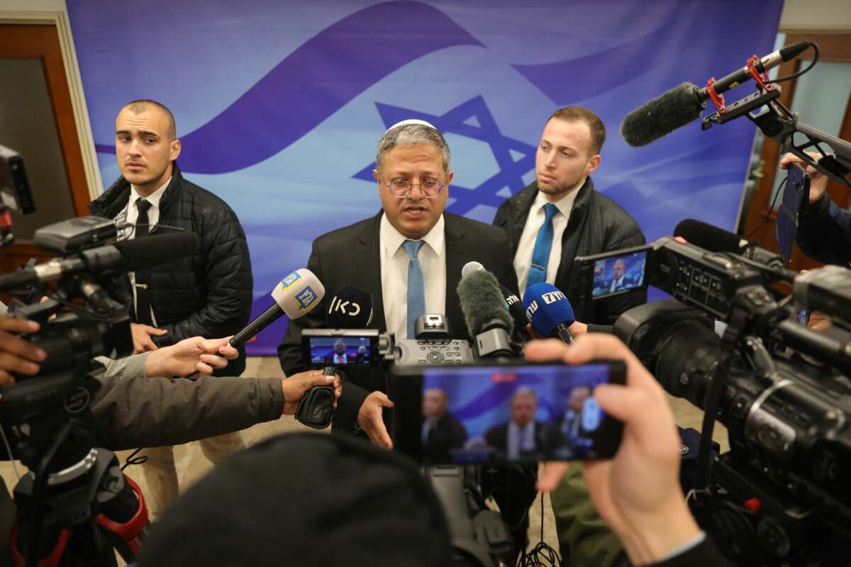 Israeli Minister of National Security Itamar Ben-Gvir speaks to the media ahead of the weekly cabinet meeting in the prime minister's office in Jerusalem, on March 19, 2023.