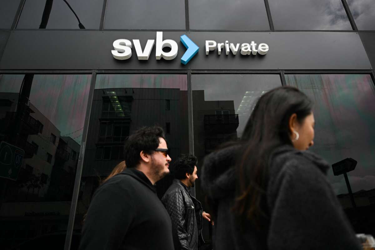 The SVB Private logo is displayed outside of a Silicon Valley Bank branch in Santa Monica, California on March 20, 2023.