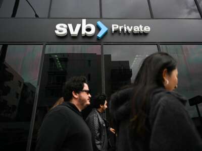 The SVB Private logo is displayed outside of a Silicon Valley Bank branch in Santa Monica, California on March 20, 2023.