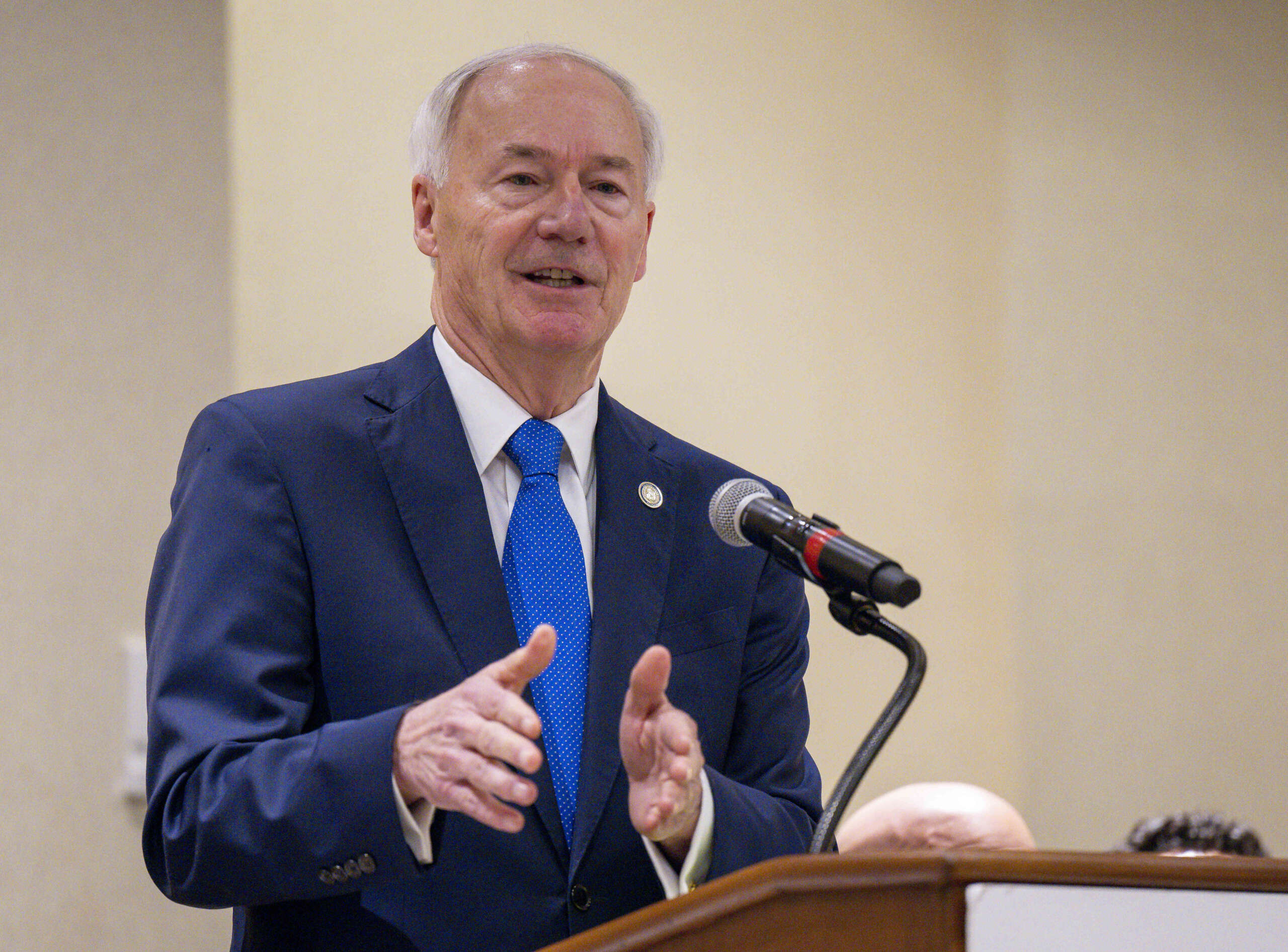 Former Arkansas Gov. Asa Hutchinson speaks before a meeting of the Republican Party of Orange County at the Hilton Orange County in Costa Mesa, California on March 20, 2023.