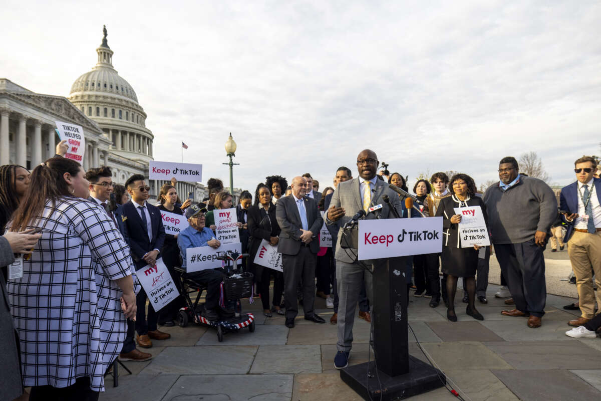 Rep. Jamaal Bowman (D) speaks as TikTok content creators gather outside the Capitol to voice their opposition to a potential ban on the app in Washington D.C., on March 22, 2023.