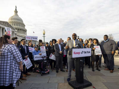 Rep. Jamaal Bowman (D) speaks as TikTok content creators gather outside the Capitol to voice their opposition to a potential ban on the app in Washington D.C., on March 22, 2023.
