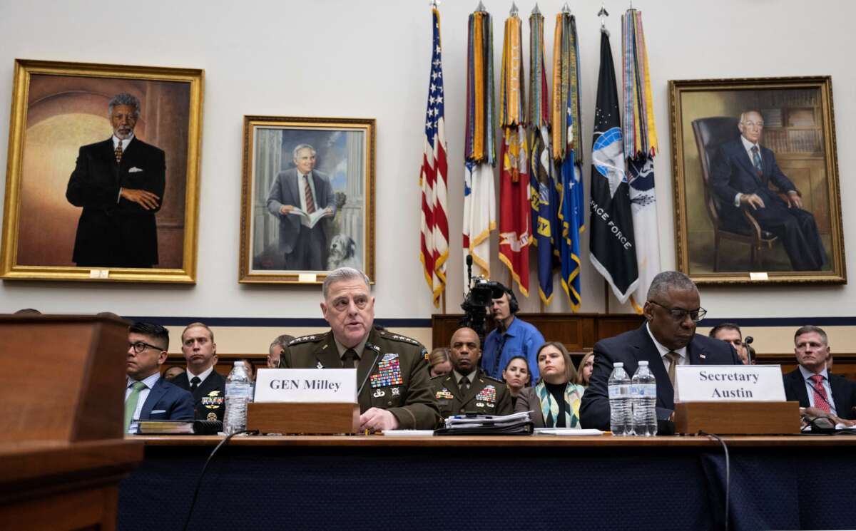 Gen. Mark Milley (left), chairman of the Joint Chiefs of Staff with Defense Secretary Lloyd Austin at a House Armed Services Committee hearing on the defense budget request on Capitol Hill in Washington, D.C. on March 29, 2023.