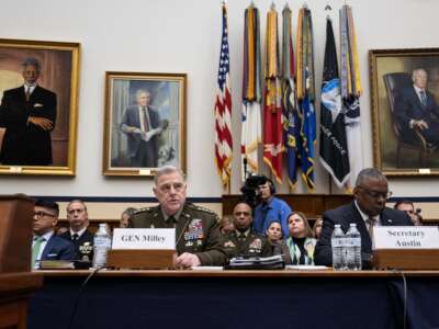 Gen. Mark Milley (left), chairman of the Joint Chiefs of Staff with Defense Secretary Lloyd Austin at a House Armed Services Committee hearing on the defense budget request on Capitol Hill in Washington, D.C. on March 29, 2023.