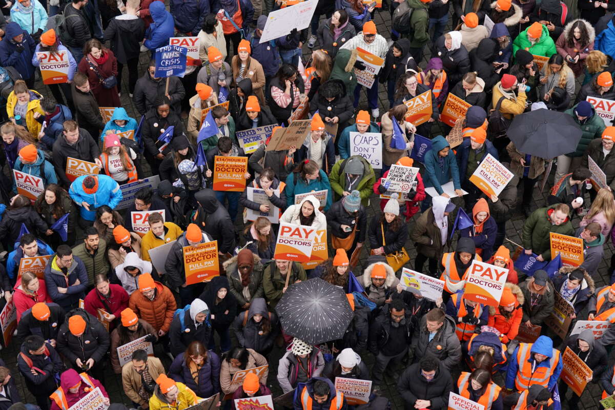 National Health Service (NHS) junior doctors take part in a march and rally in the centre of Birmingham, on the final day of the British Medical Association's 96-hour walkout in a dispute over pay, on April 14, 2023.