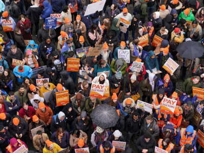 National Health Service (NHS) junior doctors take part in a march and rally in the centre of Birmingham, on the final day of the British Medical Association's 96-hour walkout in a dispute over pay, on April 14, 2023.