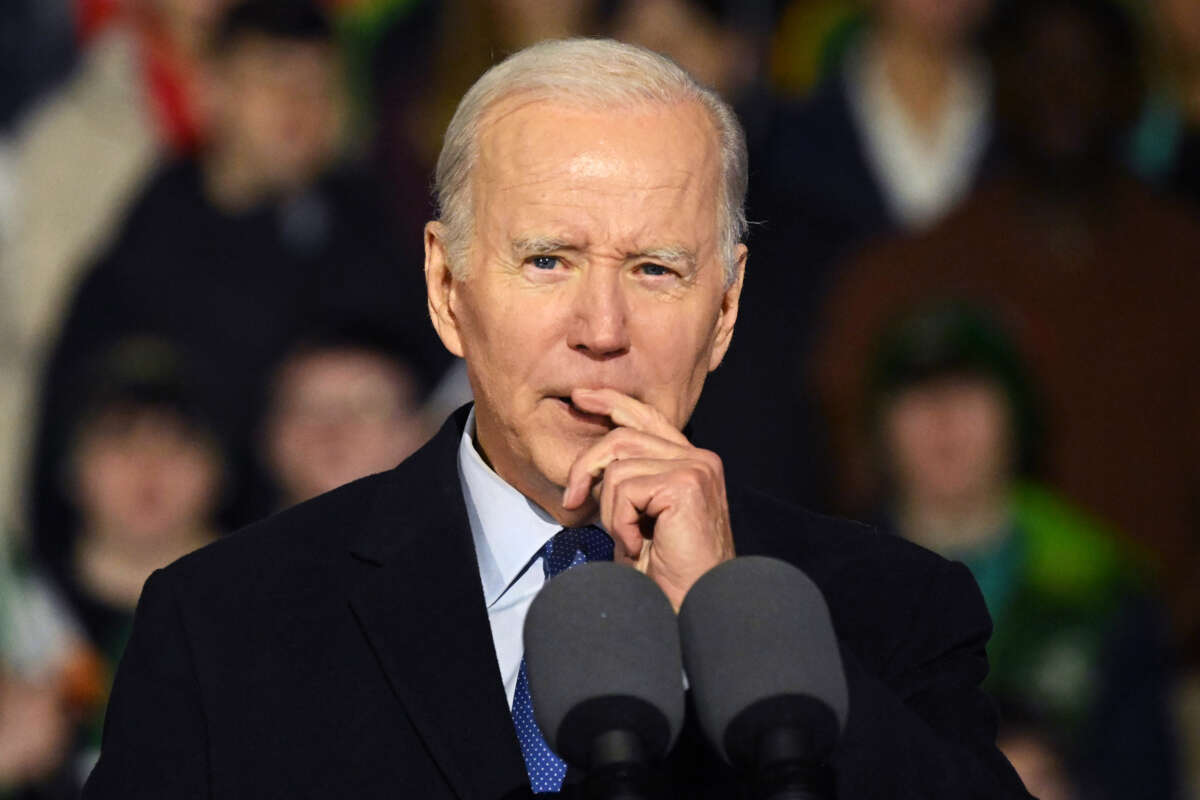 President Joe Biden speaks to the crowd during a celebration event at St. Muredach's Cathedral on April 14, 2023, in Ballina, Ireland.