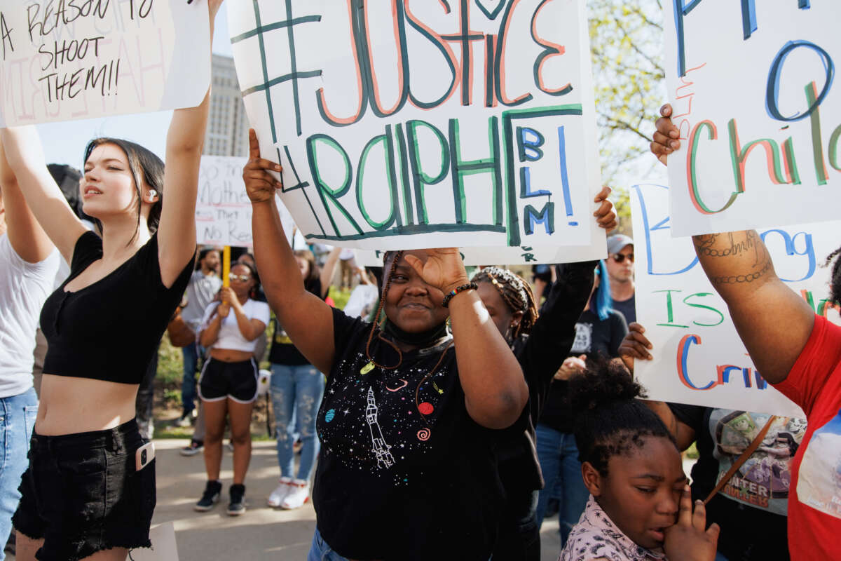 Protesters attend a rally for Ralph Yarl in front of U.S. District Court on April 18, 2023 in Kansas City, Missouri.