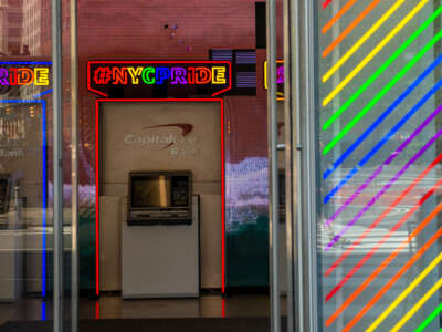 Pride decorations are displayed on an ATM at Capital One Bank in New York City on May 25, 2021.