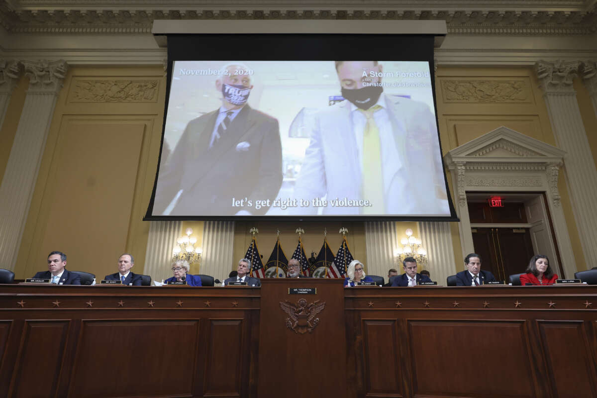 A video of Roger Stone from the documentary "A Storm Foretold" is played during a hearing of the House Select Committee to Investigate the January 6th Attack on the U.S. Capitol on October 13, 2022 in Washington, D.C.