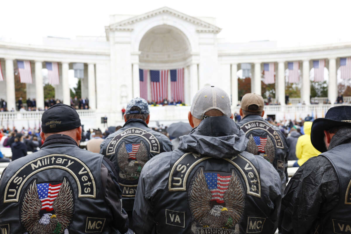 U.S. Military Veterans listen as Vice President Kamala Harris gives remarks at a National Veterans Day Observance ceremony in the amphitheater of the Arlington National Ceremony on November 11, 2022 in Arlington, Virginia.