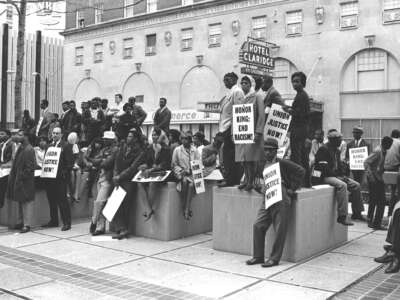 Striking sanitation workers outside the Hotel Claridge in the wake of the assassination of Martin Luther King Jr. in Memphis, Tennessee, April 6, 1968.