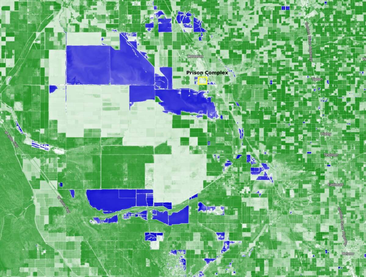 Blue areas from this satellite image (taken on 4/6/23) show Tulare Lake to the west of the two prisons, and the river and canals flooding to the east.