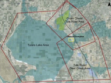 The two California state prisons in Corcoran are located within the two merging floodplains and within the flood zone of the Tulare Lake itself.