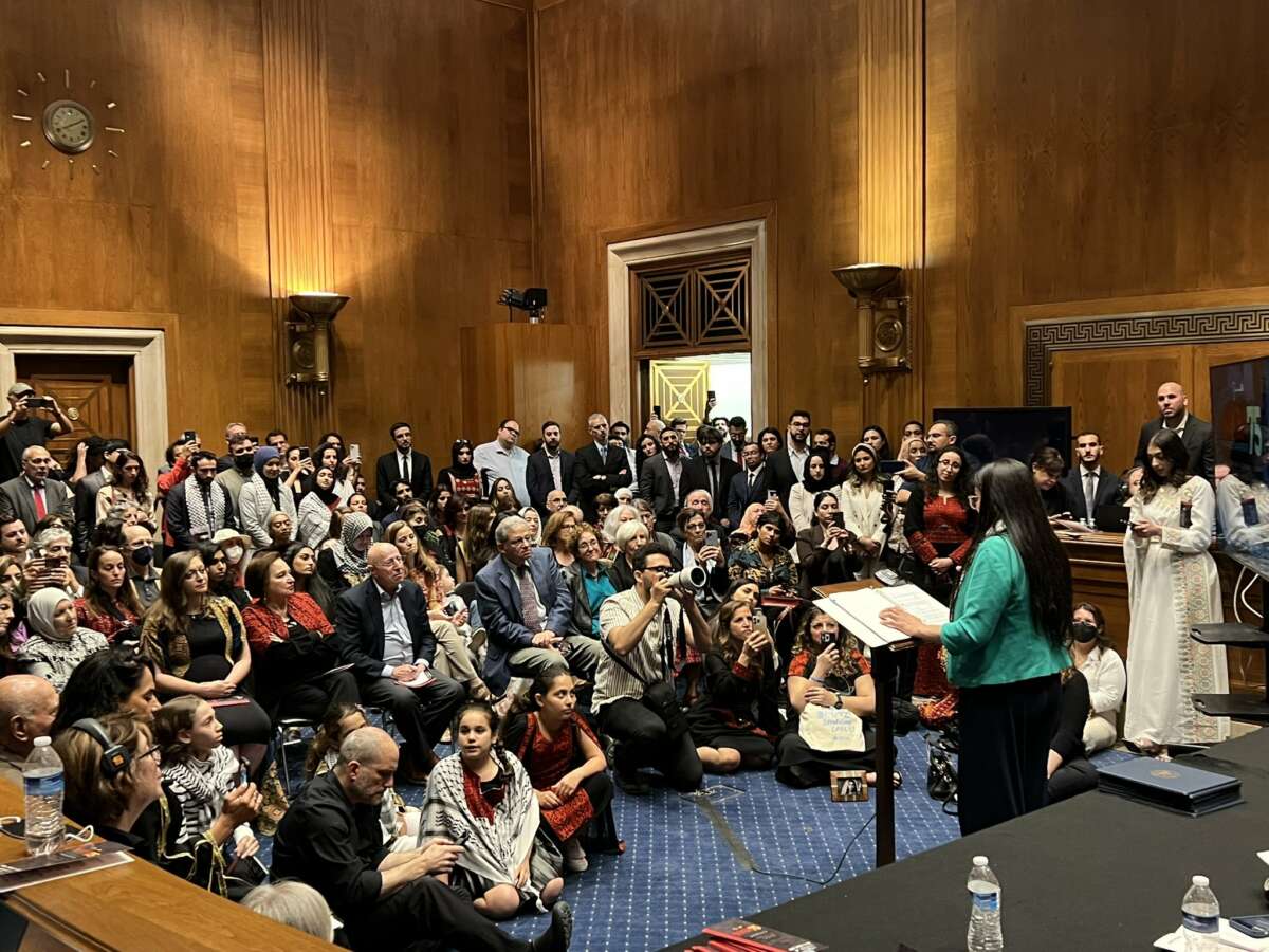 Rep. Rashida Tlaib speaks during an event commemorating the 75 anniversary of the Nakba on Wednesday, May 10, 2023, in the Dirksen Building in Washington, D.C.