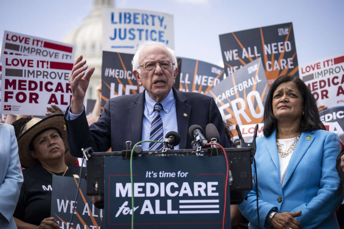 Sen. Bernie Sanders speaks alongside Rep. Pramila Jayapal during a news conference to announce the re-introduction of the Medicare For All Act of 2023 on May 17, 2023 in Washington, D.C.