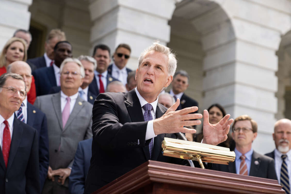Speaker of the House Kevin McCarthy conducts a news conference with House and Senate Republicans on the “debt crisis,” on the West terrace of the U.S. Capitol on Wednesday, May 17, 2023.