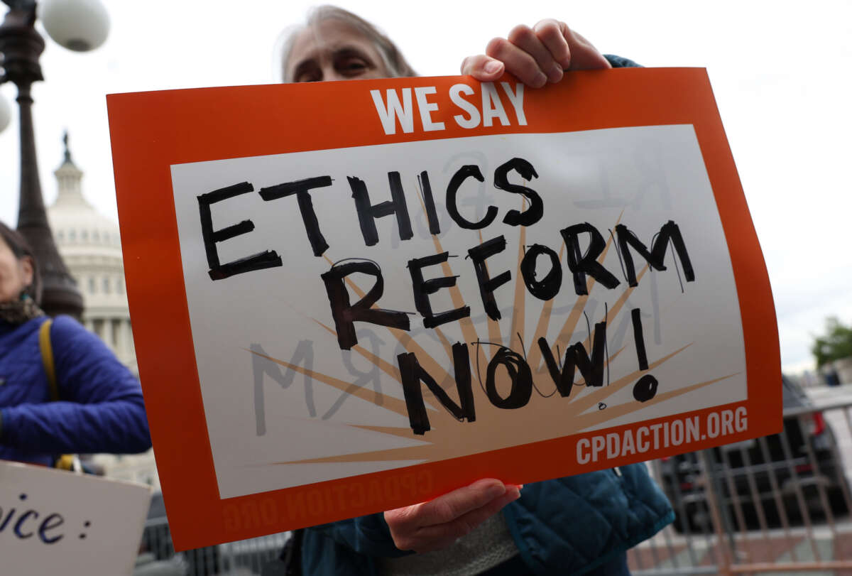 Activists attend a press conference on Supreme Court ethics reform outside of the U.S. Capitol on May 02, 2023 in Washington, D.C.