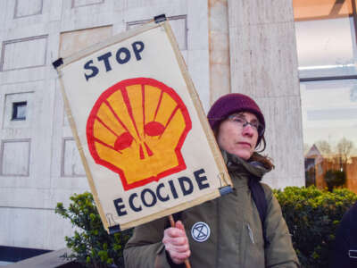 A person holds a sign reading "STOP ECOCIDE" with a modified version of the Shell logo