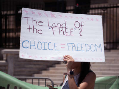 A protester holds a sign reading "THE LAND OF THE FREE? CHOICE = FREEDOM" during an outdoor protest