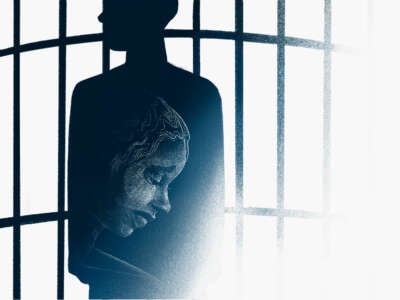 An illustration of a silhouetted imprisoned man, within which the portrait of a woman is seen.