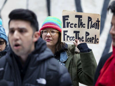 A protester holds a sign reading "FREE THE PLANT, FREE THE PEOPLE" during an outdoor demonstration