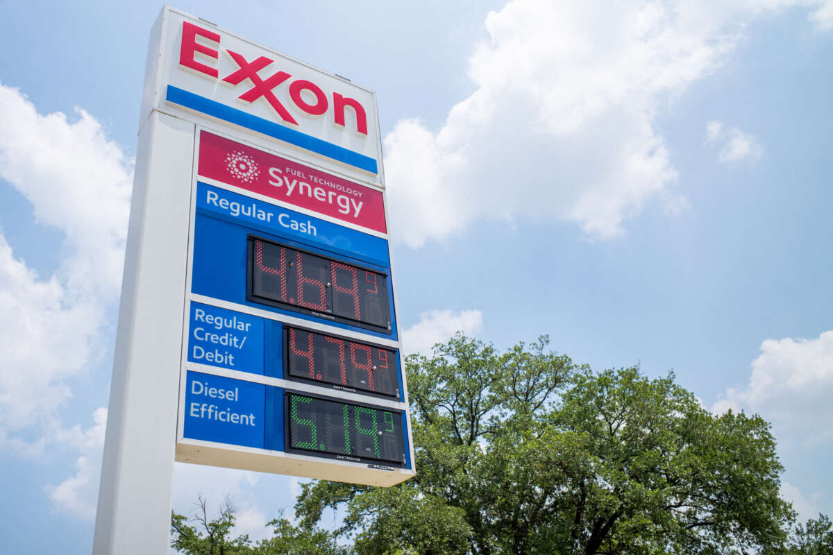 Gas prices are seen on an Exxon Mobil gas station sign on June 09, 2022 in Houston, Texas.