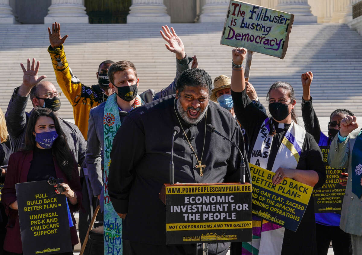 Rev. Dr. William Barber, co-chair of the Poor People’s Campaign speaks at the "Poor People's Campaign: A National Call For Moral Revival" rally at the U.S. Supreme Court on October 27, 2021, in Washington, D.C.