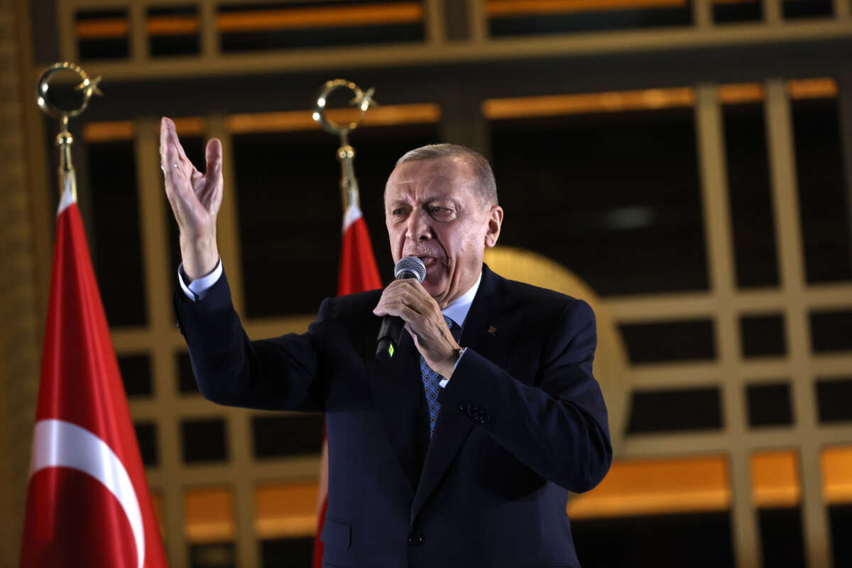 President Recep Tayyip Erdoğan speaks at the presidential palace after winning reelection in a runoff on May 28, 2023, in Ankara, Turkey.