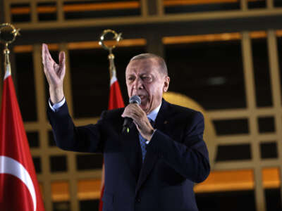 President Recep Tayyip Erdoğan speaks at the presidential palace after winning reelection in a runoff on May 28, 2023, in Ankara, Turkey.