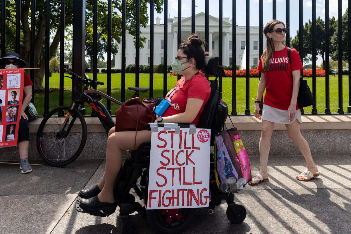Protestors demonstrate outside the White House to call attention to those suffering from Myalgic Encephalomyelitis and long COVID on September 19, 2022, in Washington, D.C.