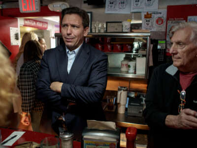 Florida Gov. Ron DeSantis visits a packed Red Arrow Diner, a traditional campaign stop for presidential candidates visiting the surrounding Manchester area, following a policy roundtable in Bedford, New Hampshire, on May 19, 2023.