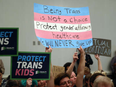 People hold signs during a joint board meeting of the Florida Board of Medicine and the Florida Board of Osteopathic Medicine gather to establish new guidelines limiting gender-affirming care in Florida, on November 4, 2022.