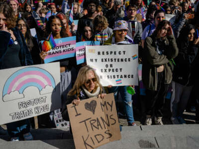 Demonstrators gather at a rally to protest the passing of SB 150 on March 29, 2023, at the Kentucky State Capitol in Frankfort, Kentucky.