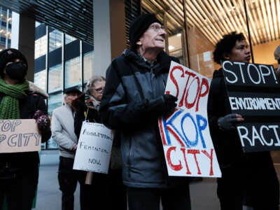 Activists participate in a protest against the proposed Cop City being built in an Atlanta forest on March 9, 2023, in New York City.