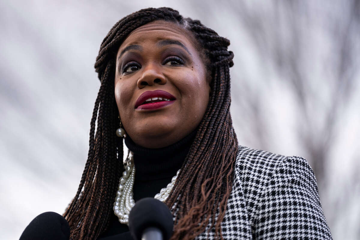 Rep. Cori Bush speaks during a news conference outside the U.S. Capitol on January 26, 2023.