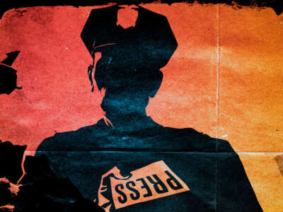 Silhouette of police officer holding press pass