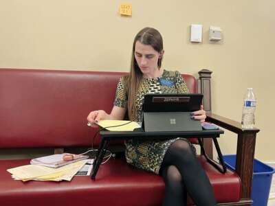 Rep. Zooey Zephyr looks at papers while seated in front of a laptop bearing her surname