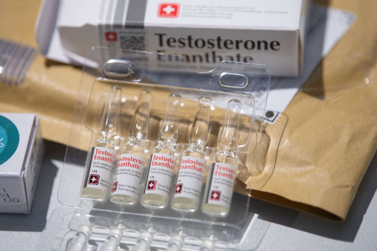 Testosterone enanthate vials lie on a table during the annual press conference of the Main Customs Office Frankfurt at Frankfurt Airport, Germany, on May 5, 2022.