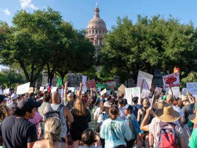 Abortion rights demonstrators gather near the State Capitol in Austin, Texas, on June 25, 2022.