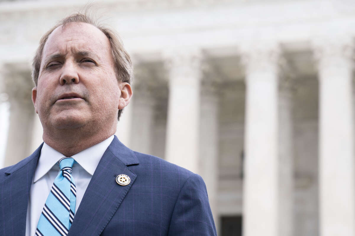 Texas Attorney General Ken Paxton speaks to reporters after the Supreme Court oral arguments in the Biden v. Texas case at the Supreme Court on Capitol Hill on April 26, 2022 in Washington, D.C.