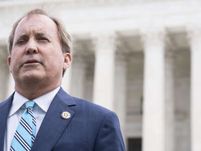 Texas Attorney General Ken Paxton speaks to reporters after the Supreme Court oral arguments in the Biden v. Texas case at the Supreme Court on Capitol Hill on April 26, 2022 in Washington, D.C.